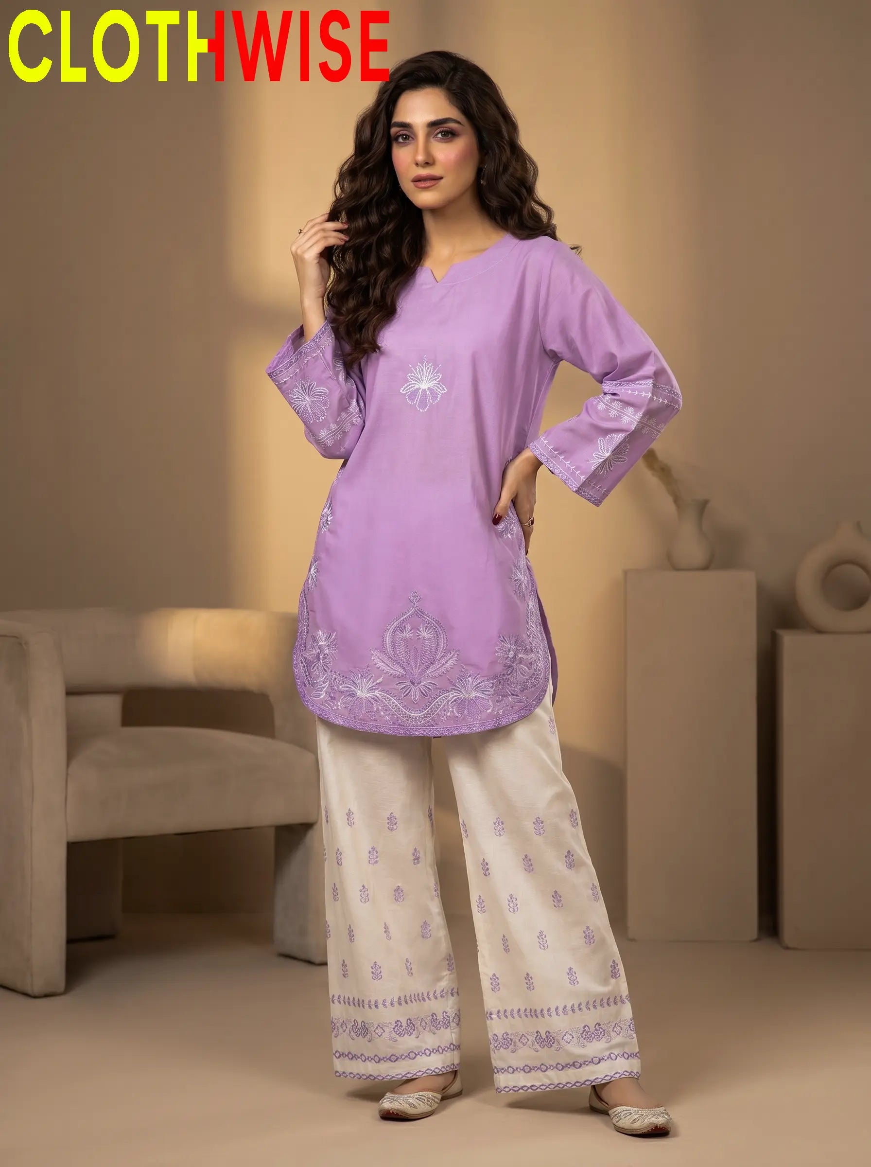 Petal Lavender Cotton Stitched 2-Piece Suit Standing View – Bottom Flapper | Clothwise
