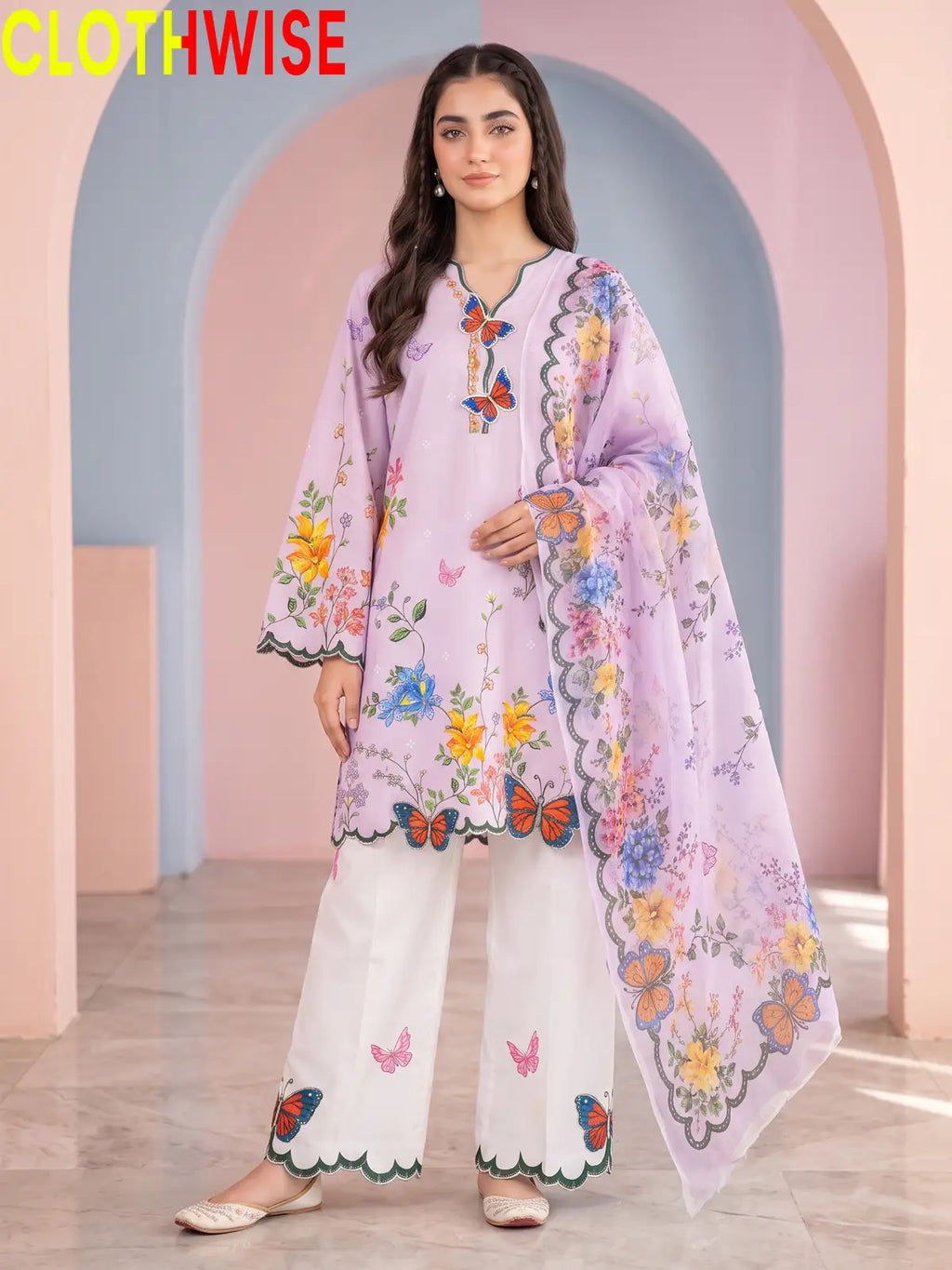 Titli - Floral Poly Lawn 2Pc Suit with Butterfly