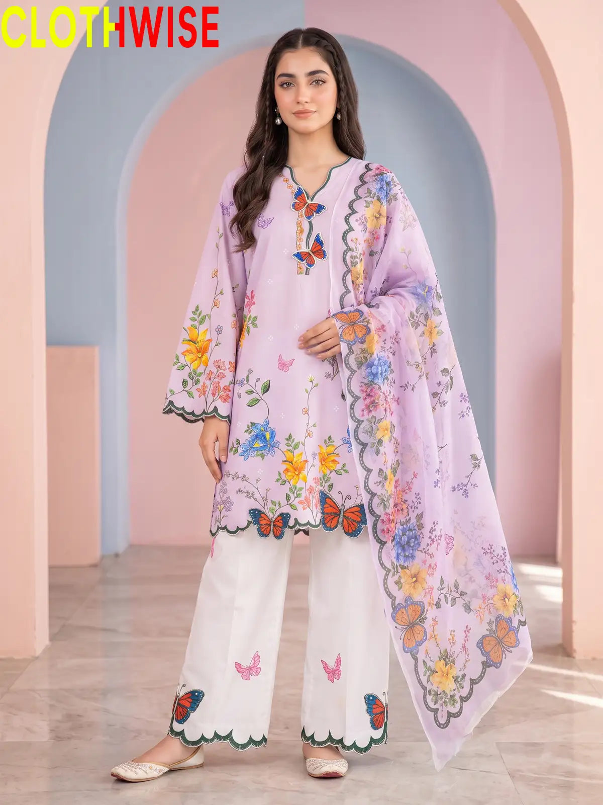 Titli - Floral Poly Lawn 2Pc Suit with Butterfly