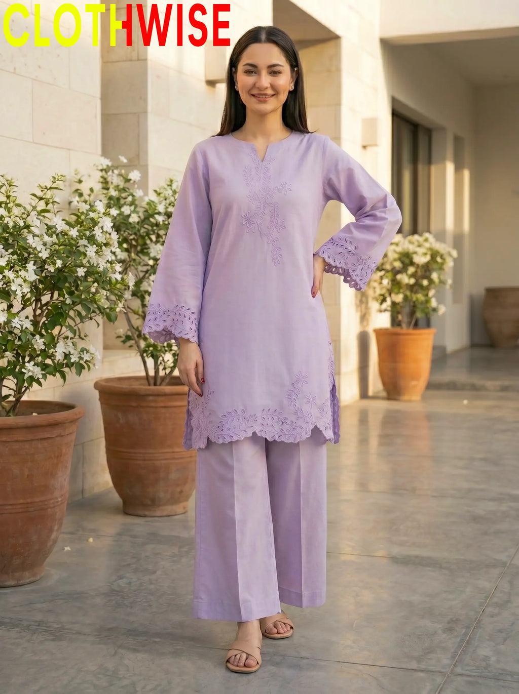 Gulkari Lavender Cotton 2-Piece Stitched Suit Standing View – Clothwise