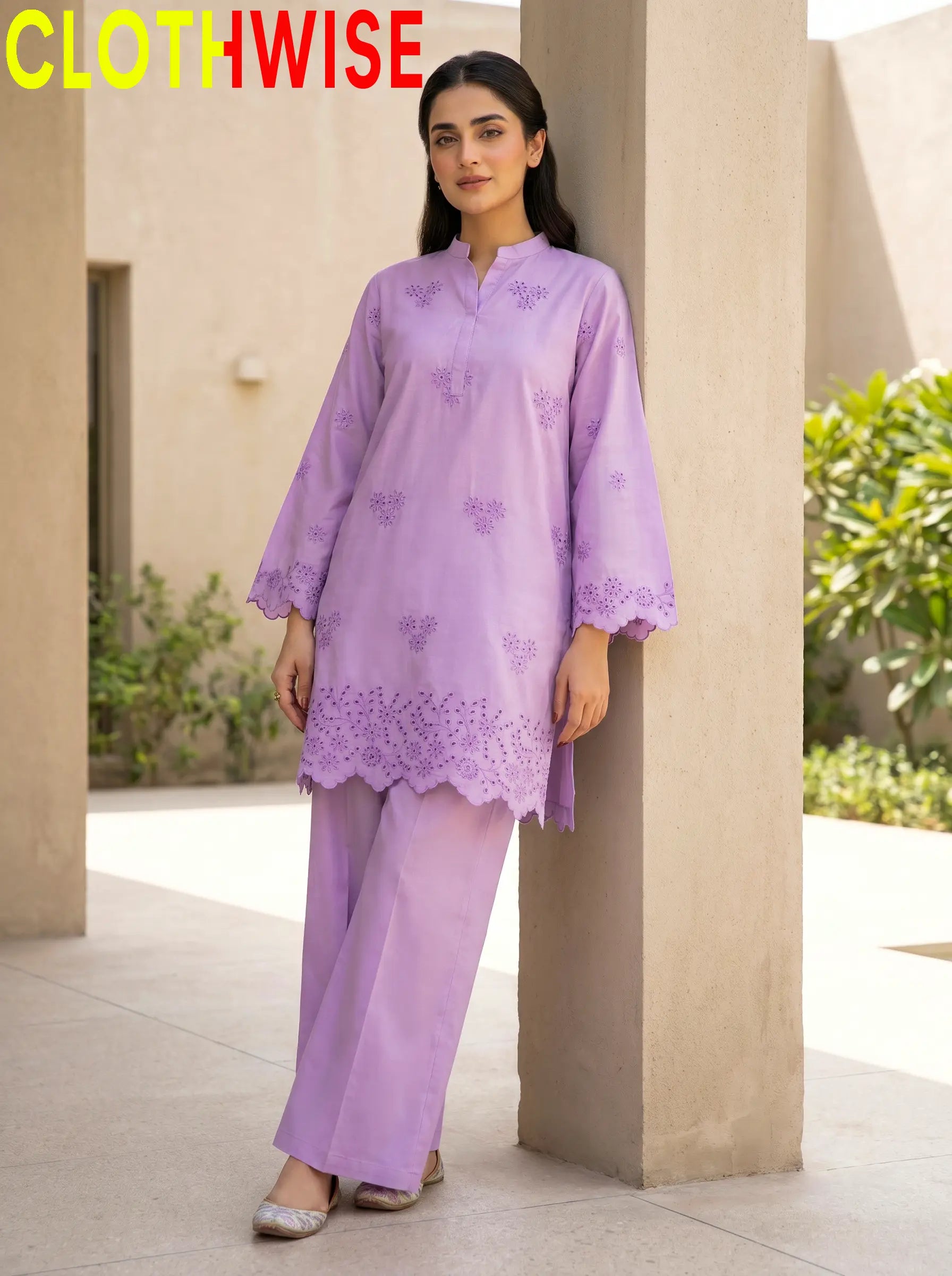 Zimal Lavender Chikankari Suit – Standing Full View | Clothwise