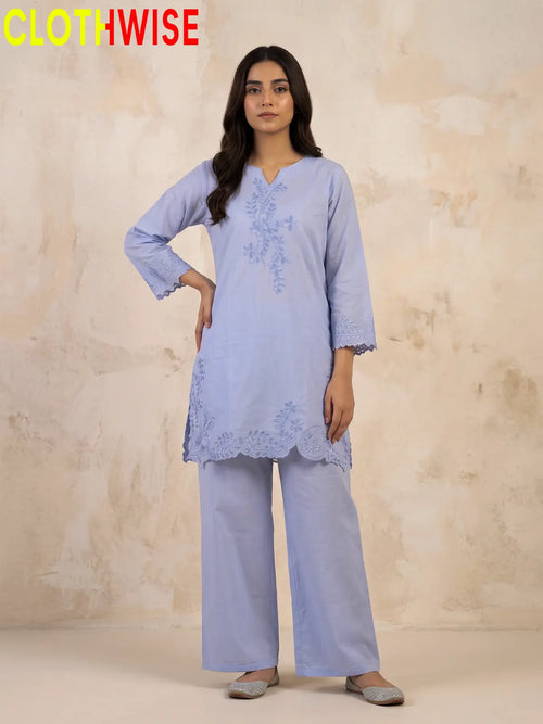 Gulkari chikankari embroidered cotton co-ord set in Lavender - standing front view