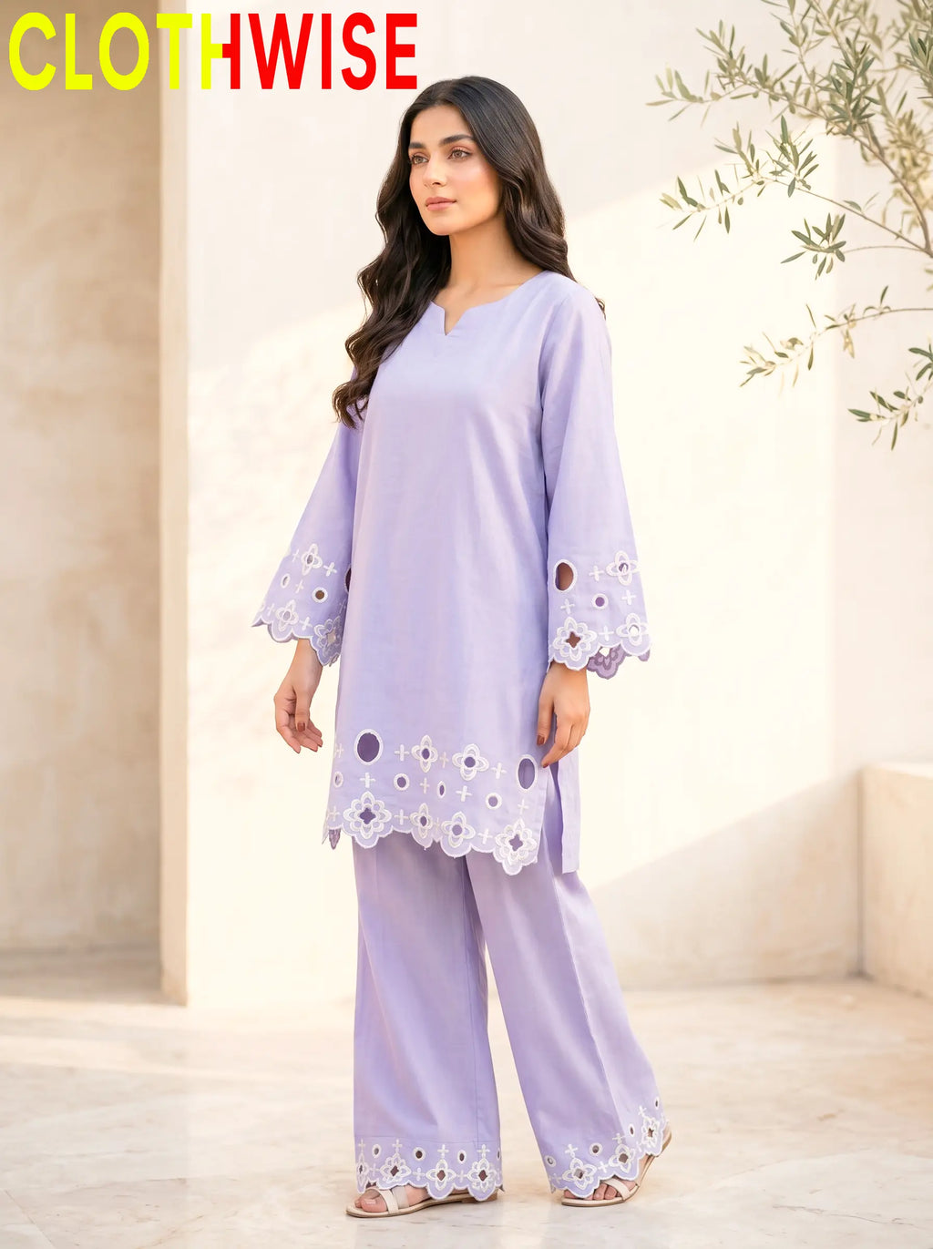 SAYA Lavender Chikankari 2-Piece Co-Ord Set - Standing View