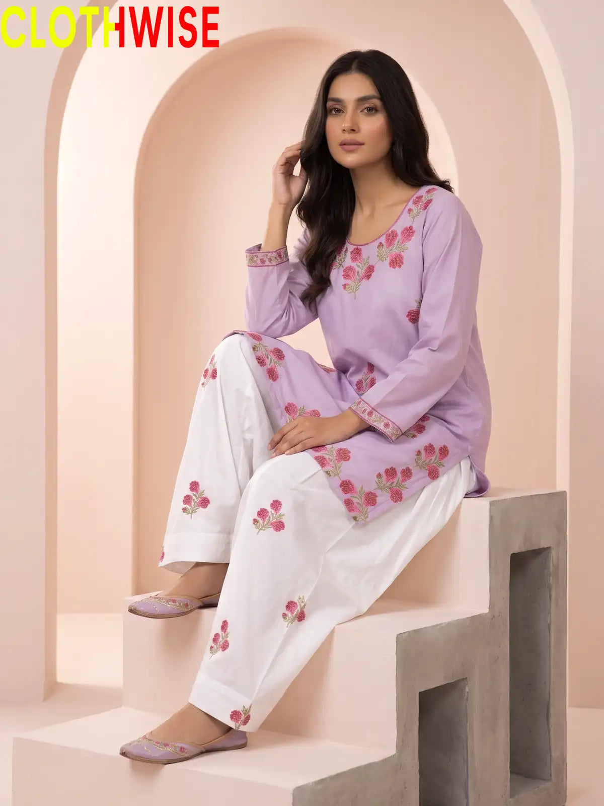 Ghulab Lavender Embroidered Cotton 2 Piece Suit for Women