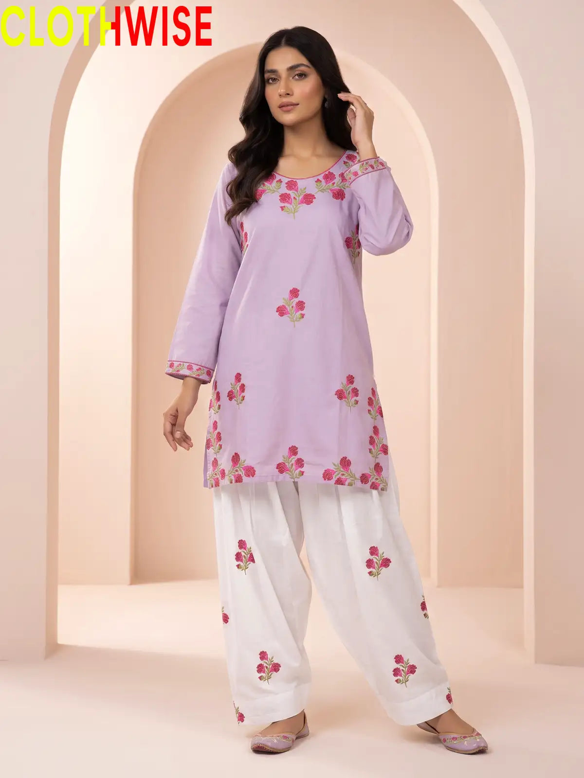 Ghulab Lavender Embroidered Cotton 2 Piece Suit for Women