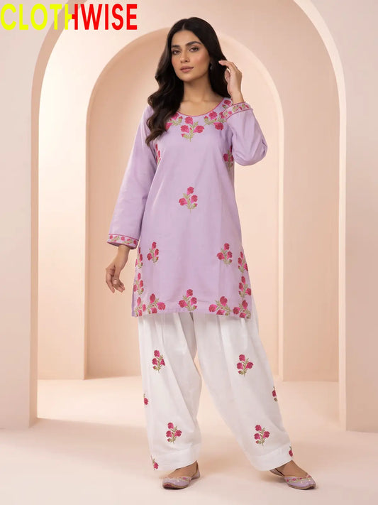Ghulab Lavender Embroidered Cotton 2 Piece Suit for Women