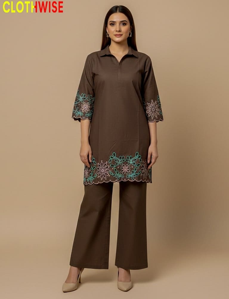 Woman wearing a brown outfit with floral embroidery on a beige background, branded 'Clothwise'.