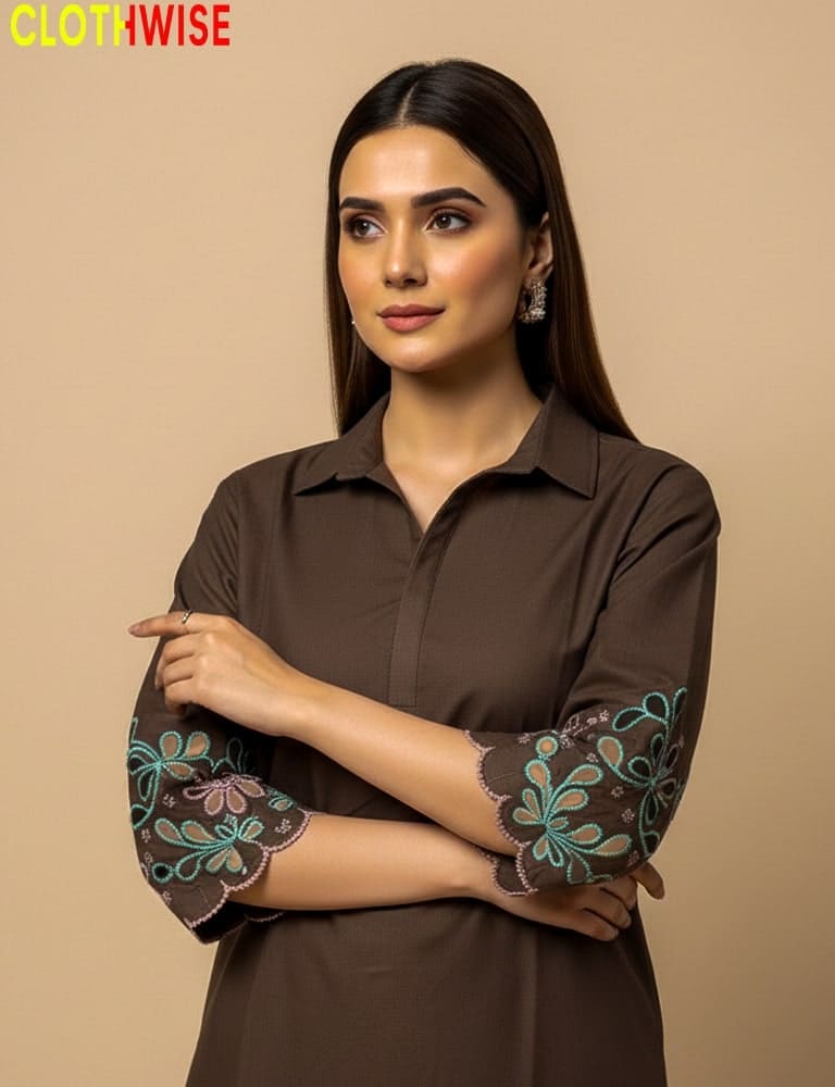Woman wearing a brown shirt with floral sleeves on a beige background, featuring the brand 'ClothWise'.