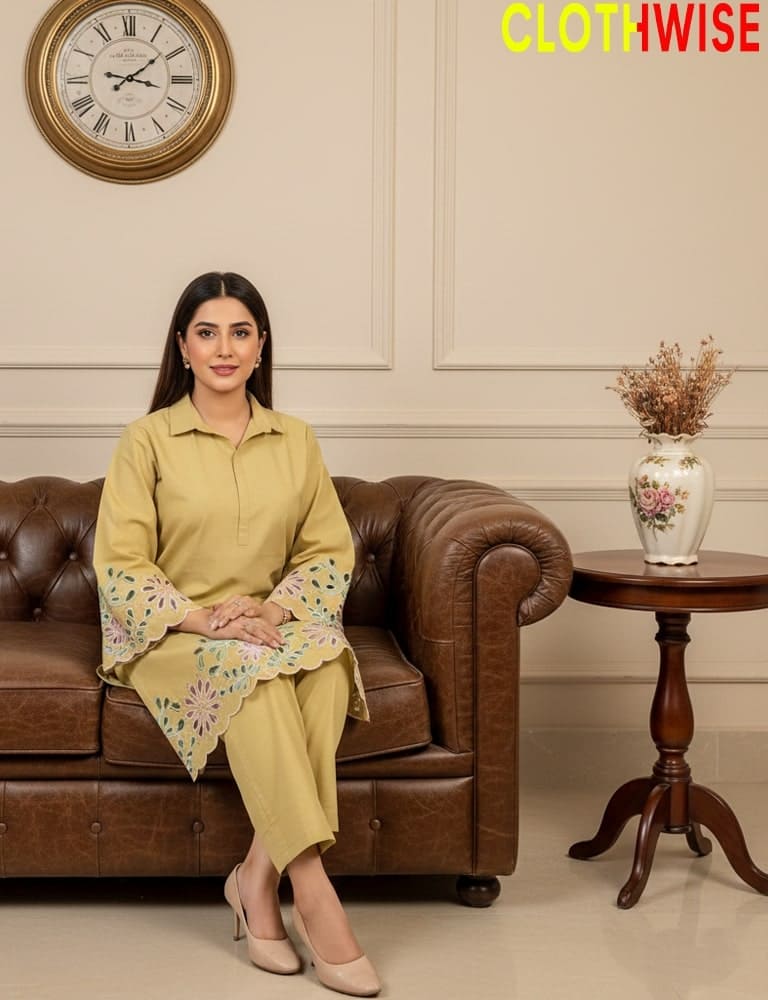 Woman in a yellow outfit sitting on a brown leather sofa with 'ClothWise' branding.