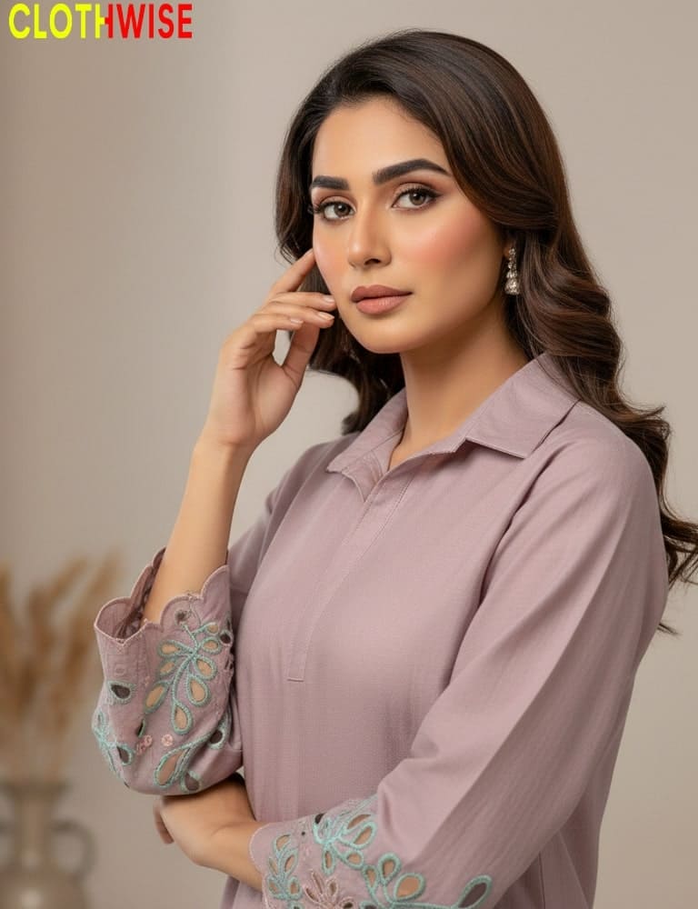 Woman wearing a light purple shirt with floral cuffs, posing against a neutral background. 'ClothWise' brand visible.