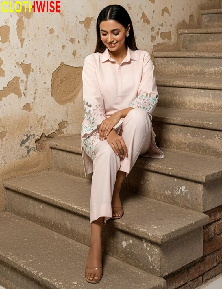 Woman sitting on stone steps wearing a light pink outfit with floral patterns, with 'CLOTHWISE' branding.