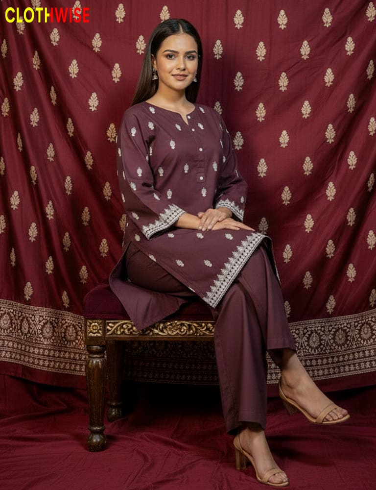Woman in a maroon traditional outfit sitting on a red fabric background with 'CLOTHWISE' branding.