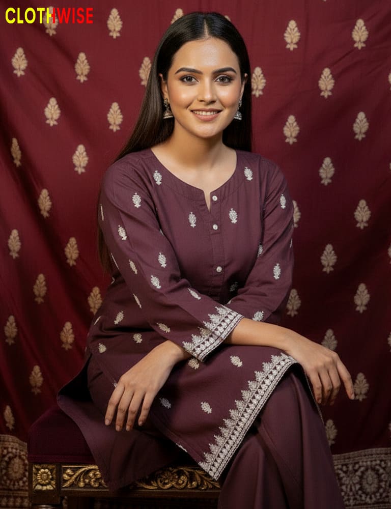 Woman wearing a maroon traditional outfit with white patterns against a red curtain background.