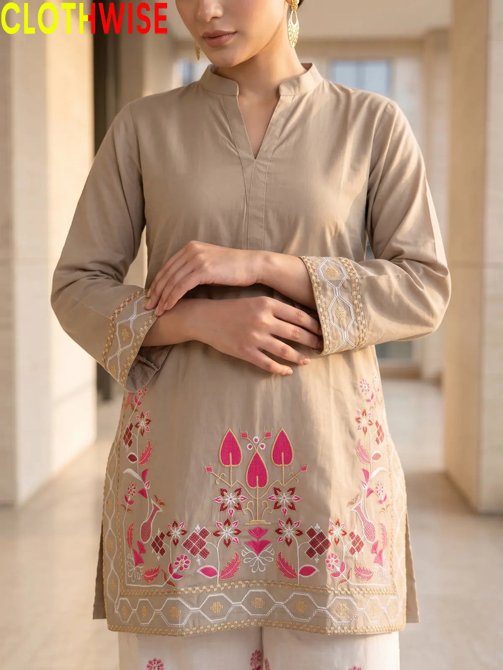 Shajar Light Khaki embroidered cotton suit embroidery close-up