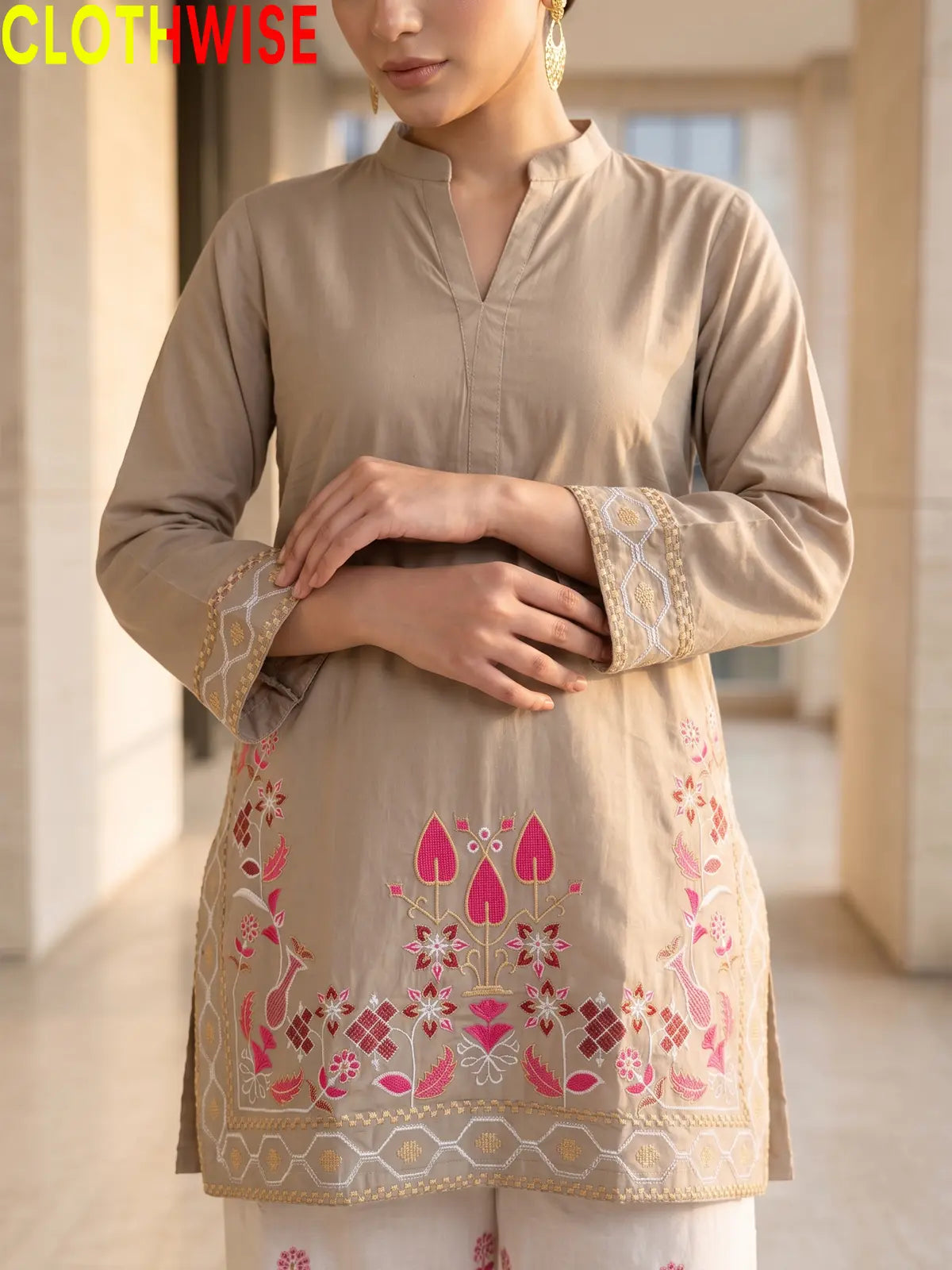 Shajar Light Khaki embroidered cotton suit embroidery close-up