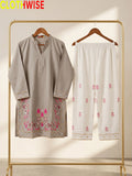 Shajar Light Khaki embroidered 2-piece cotton suit on hanger