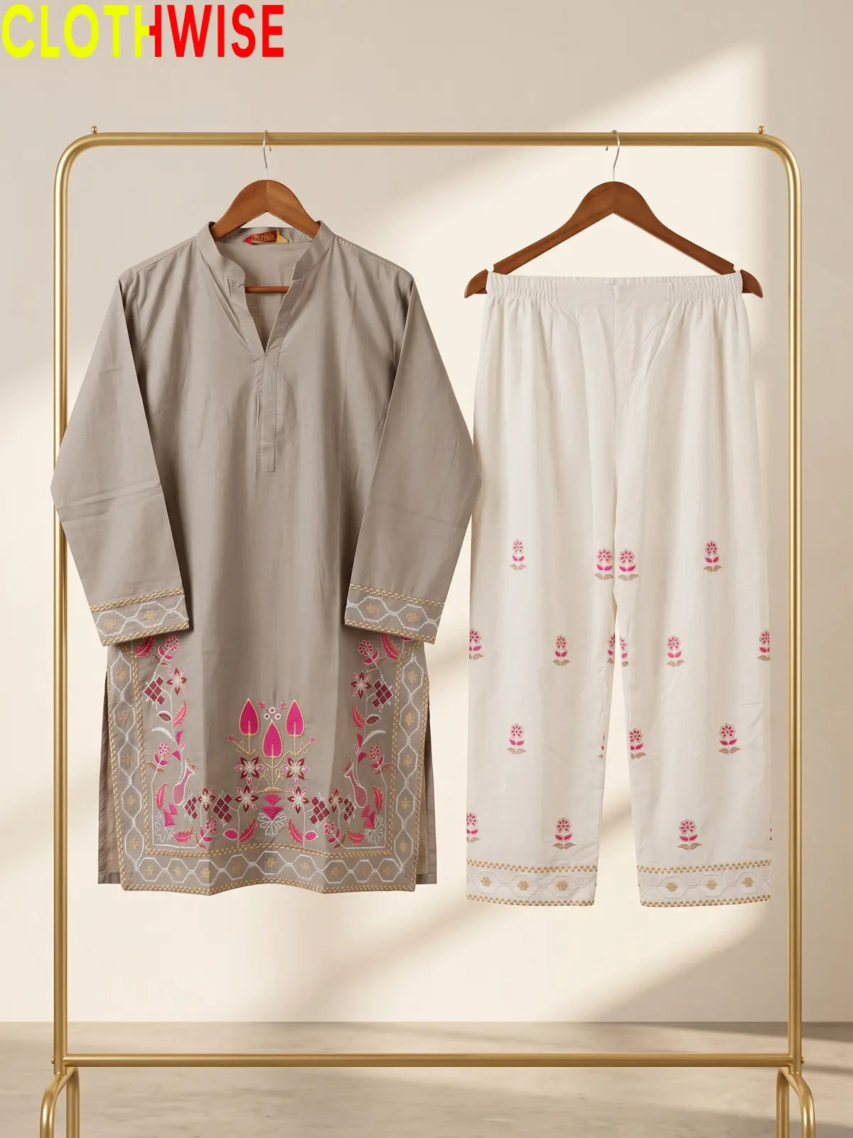 Shajar Light Khaki embroidered 2-piece cotton suit on hanger