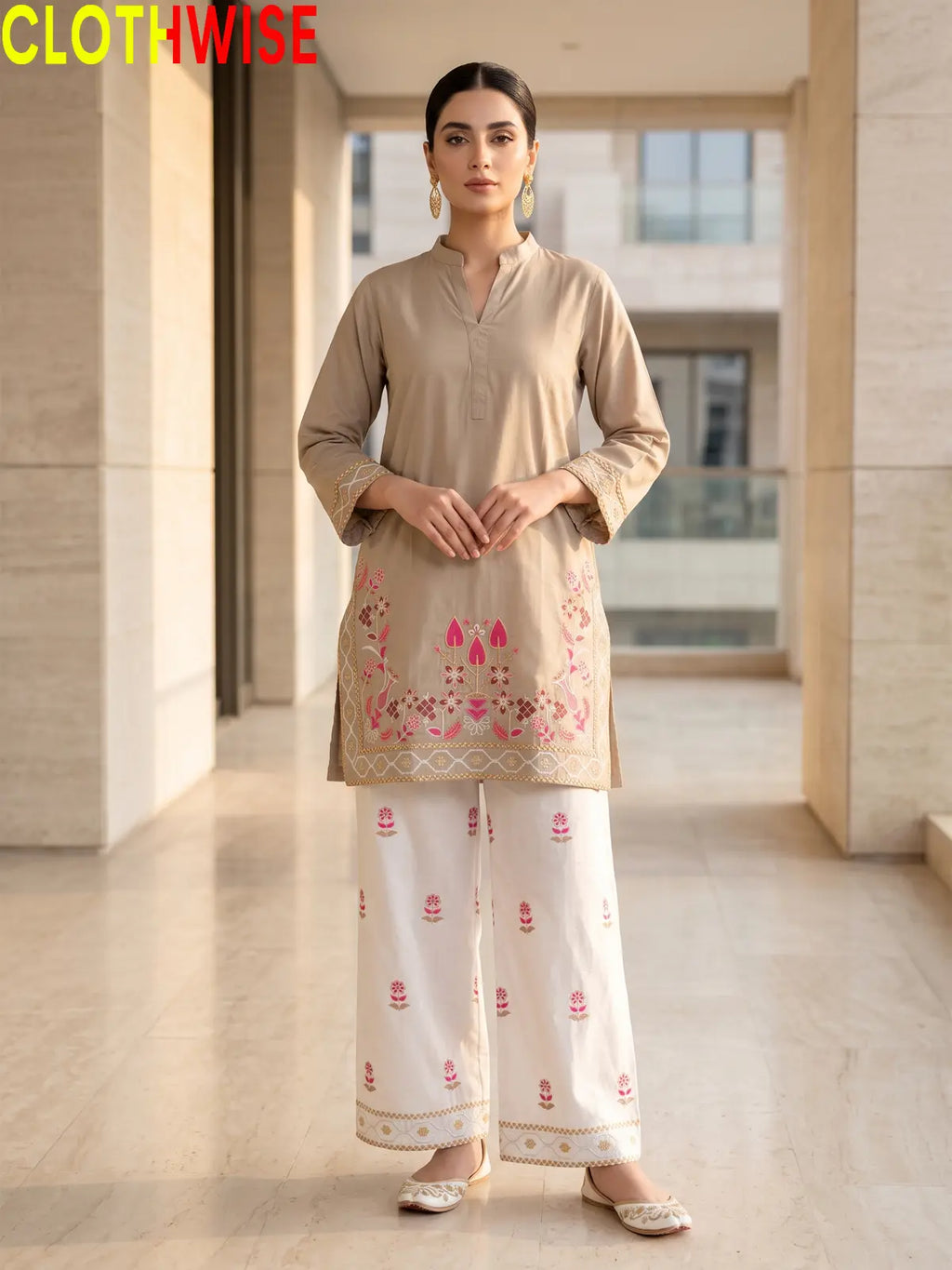 Shajar Light Khaki embroidered cotton suit front standing view