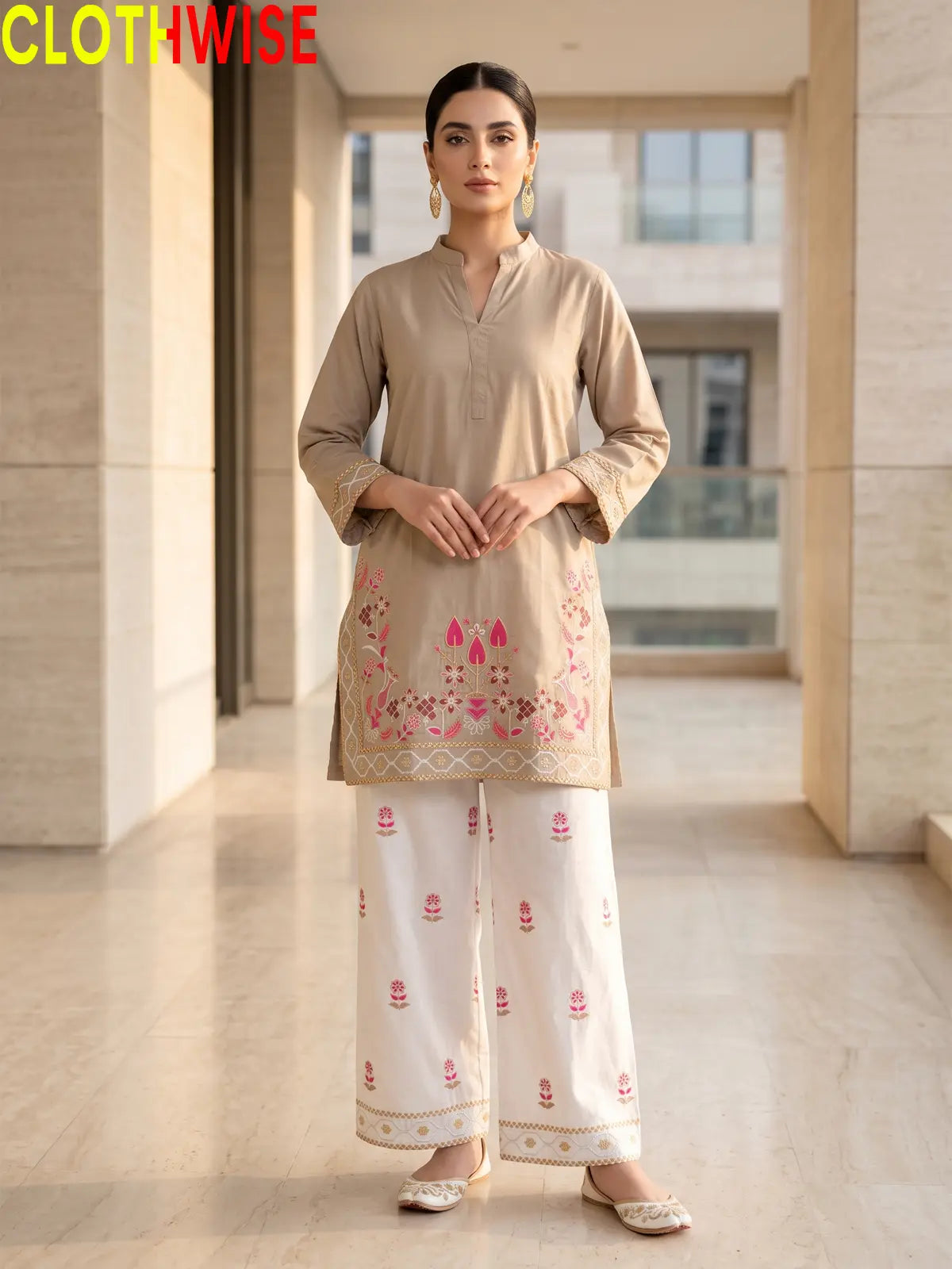Shajar Light Khaki embroidered cotton suit front standing view