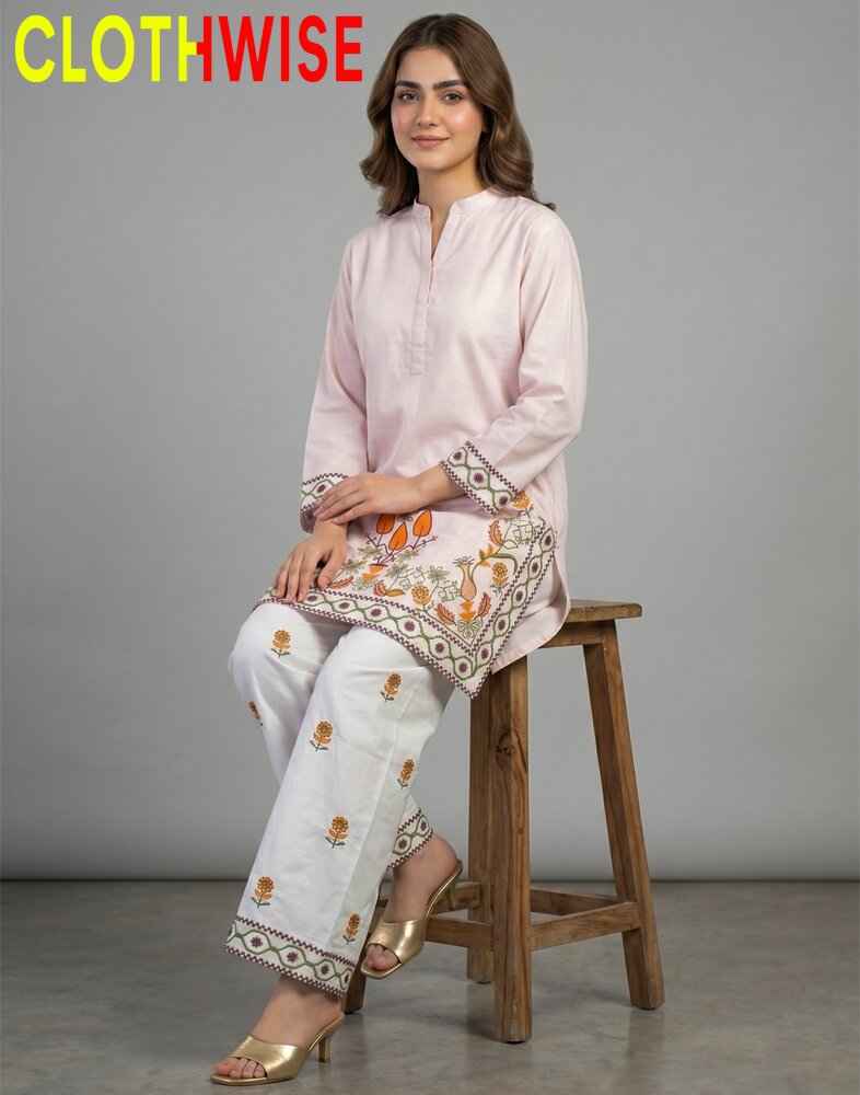 Woman wearing a pink kurta with white pants sitting on a wooden stool, with 'CLOTHWISE' branding.