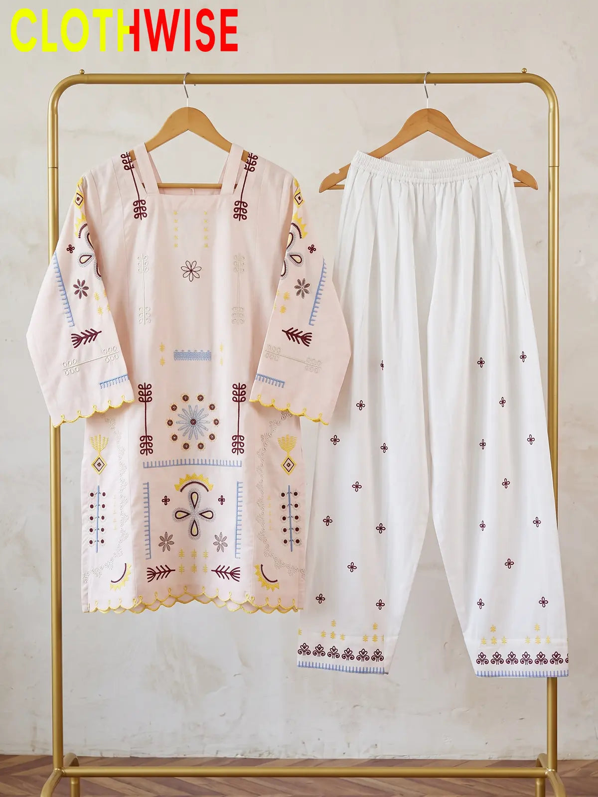 Tehzeeb | Embroidered 2-Piece Kurta Shalwar Set | Square Neck, Scalloped Hem