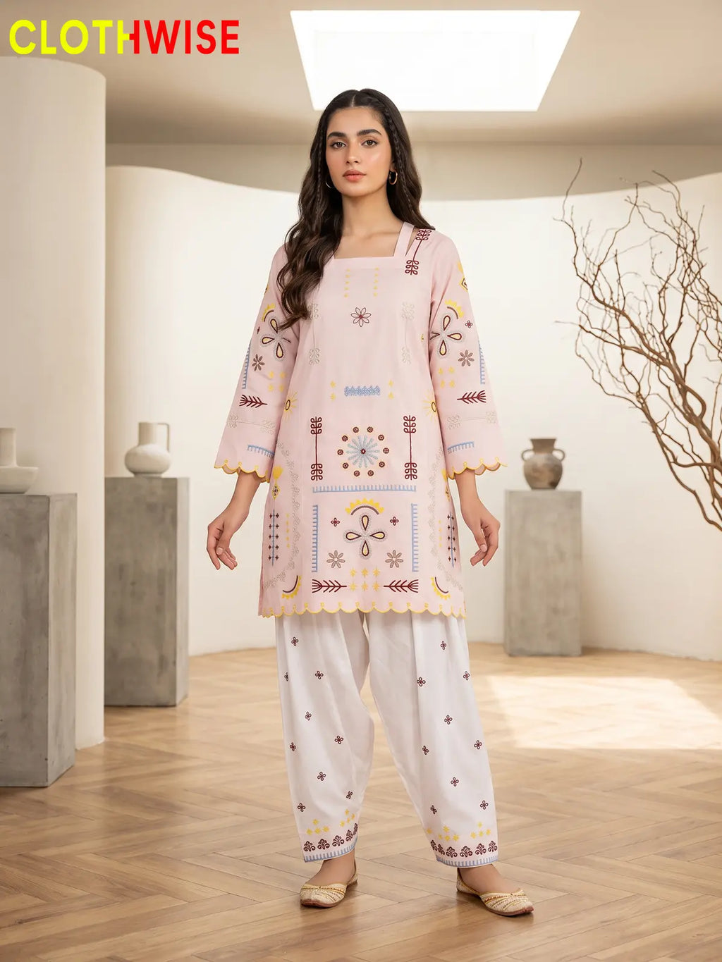 Tehzeeb | Embroidered 2-Piece Kurta Shalwar Set | Square Neck, Scalloped Hem