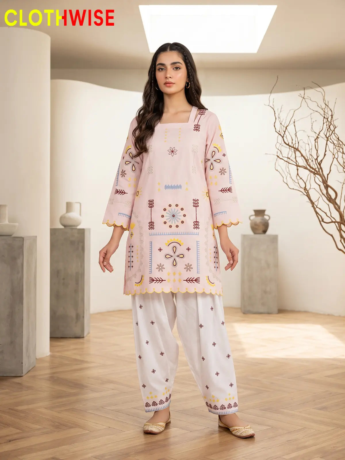 Tehzeeb | Embroidered 2-Piece Kurta Shalwar Set | Square Neck, Scalloped Hem