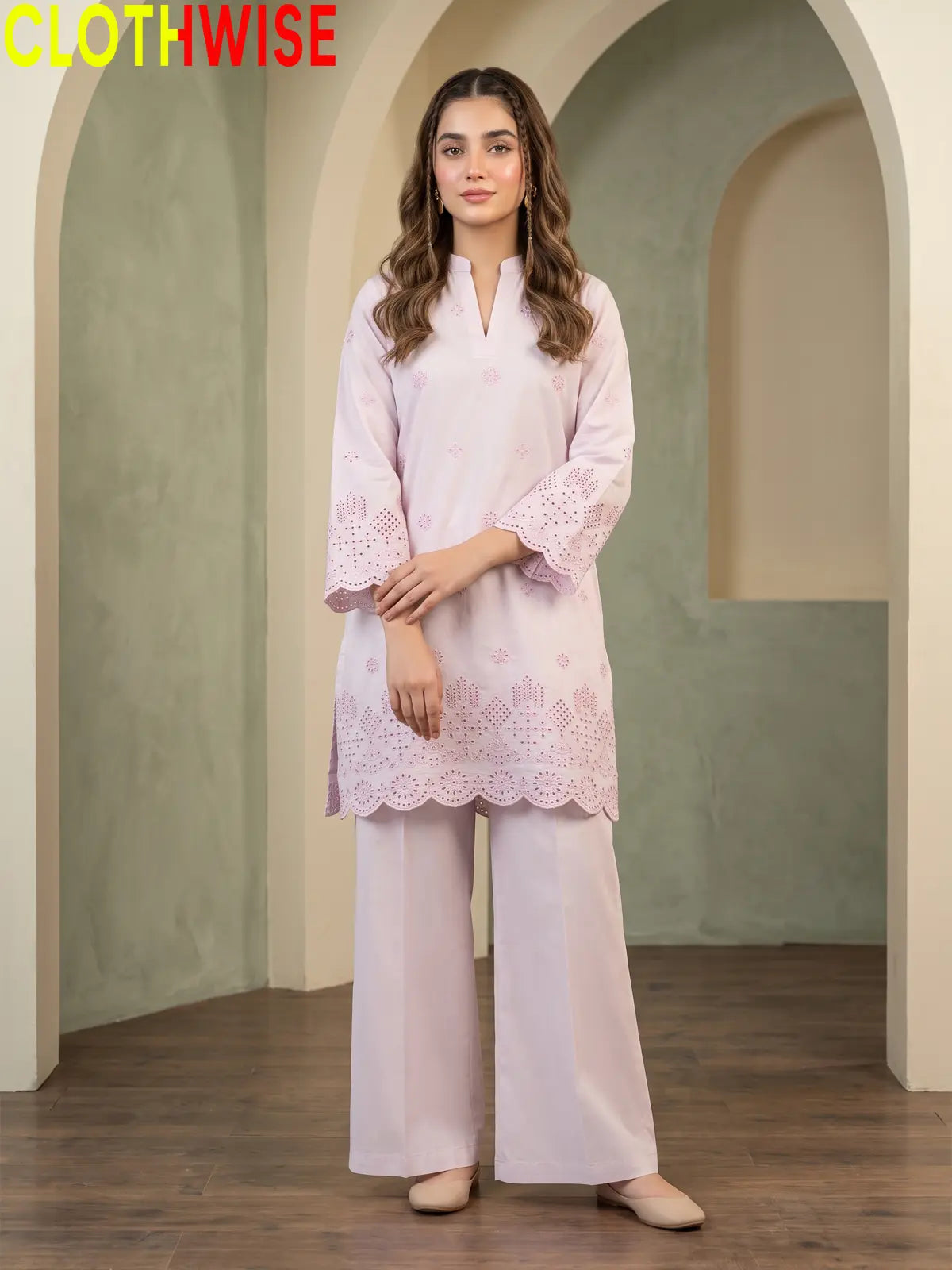 Hijr ChikanKari Eyelet Embroidered Scallop Hem 2 Piece Cotton Suit