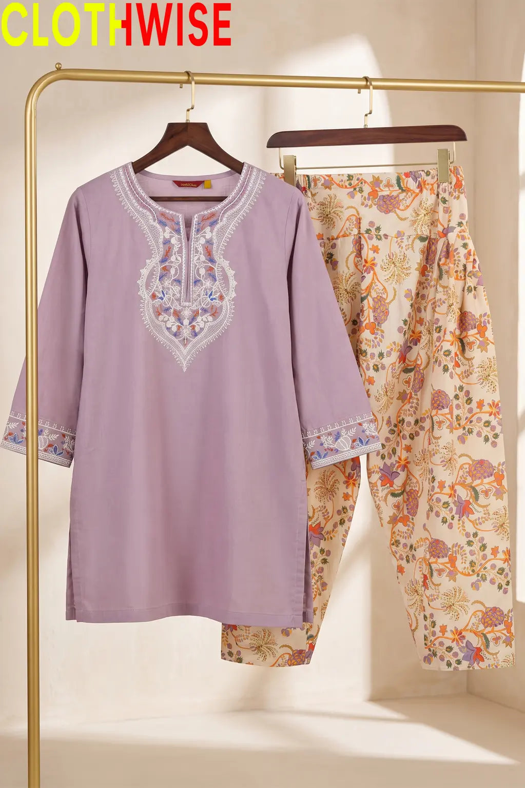 Ishq Lilac Embroidered Cotton Suit – Hanger View