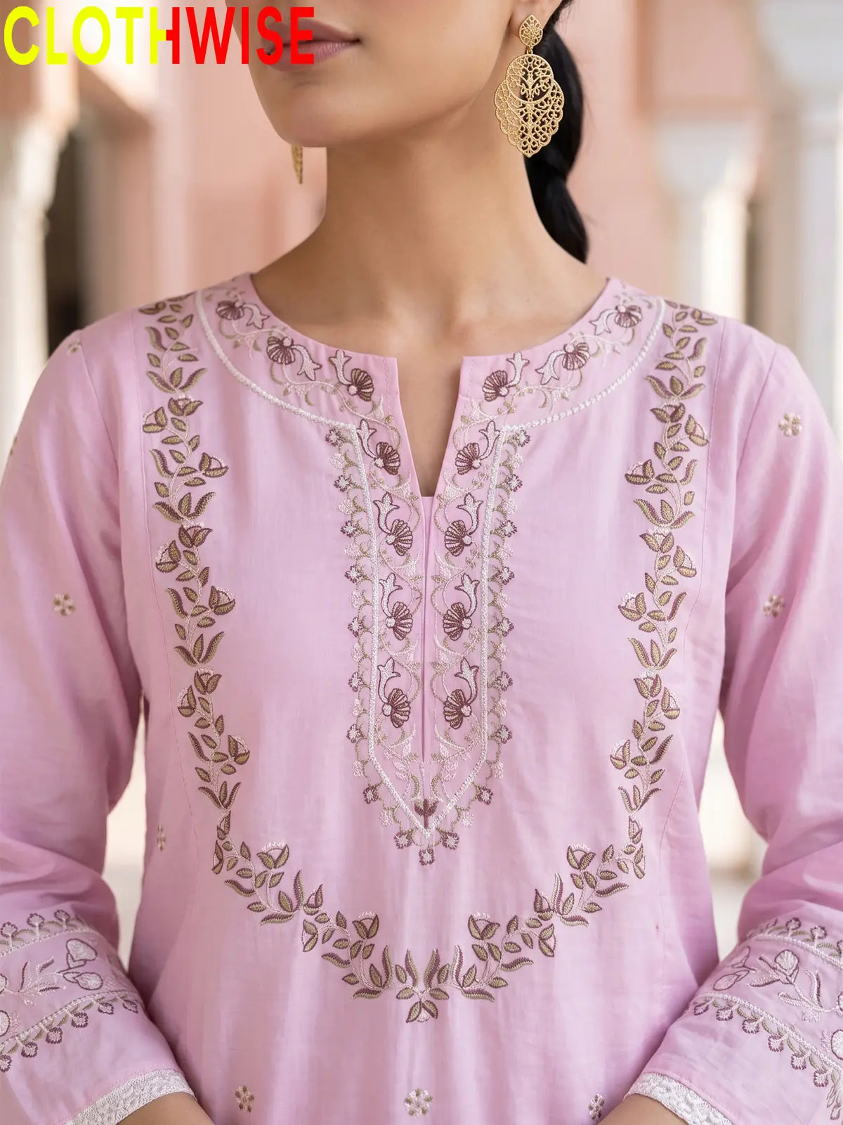 Noor Lilac Pink Embroidered Cotton Suit - Embroidery Closeup