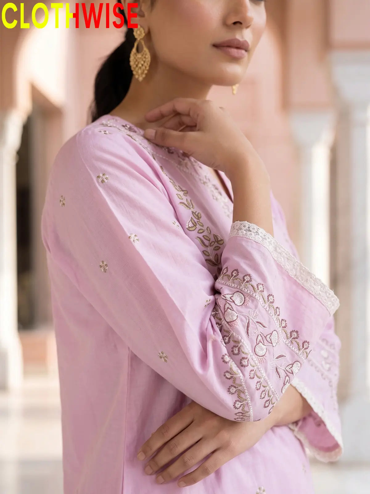 Noor Lilac Pink Embroidered Cotton Suit - Sleeves Closeup