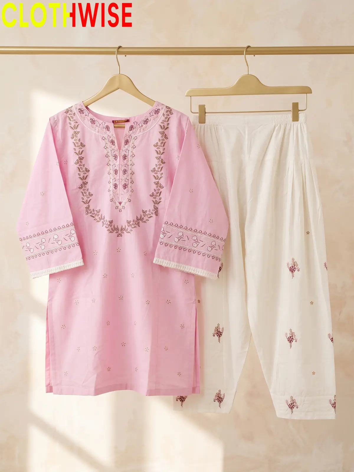 Noor Lilac Pink Embroidered Cotton Suit - Hanger View