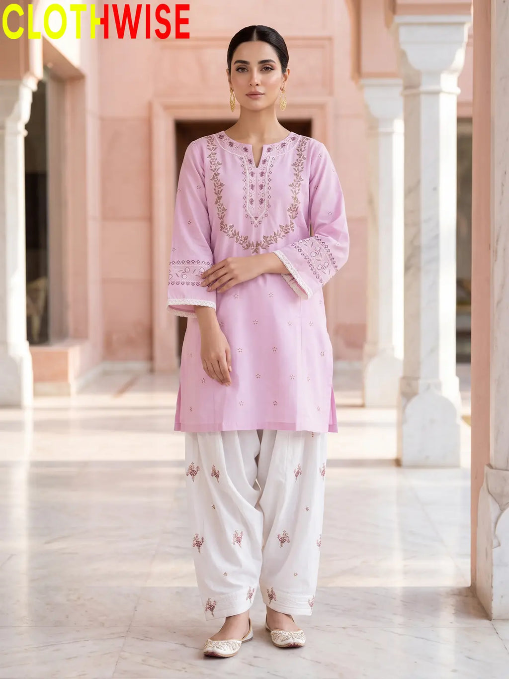 Noor Lilac Pink Embroidered Cotton Suit - Standing View