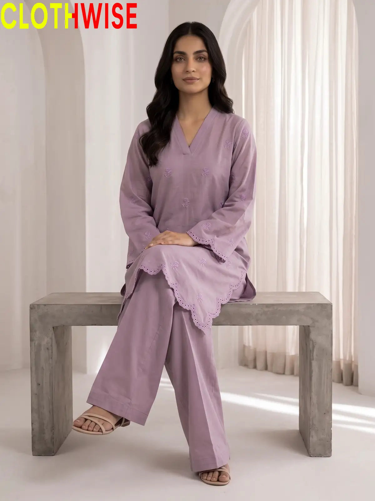 Mehr Lilac embroidered 2-piece cotton suit - sitting view