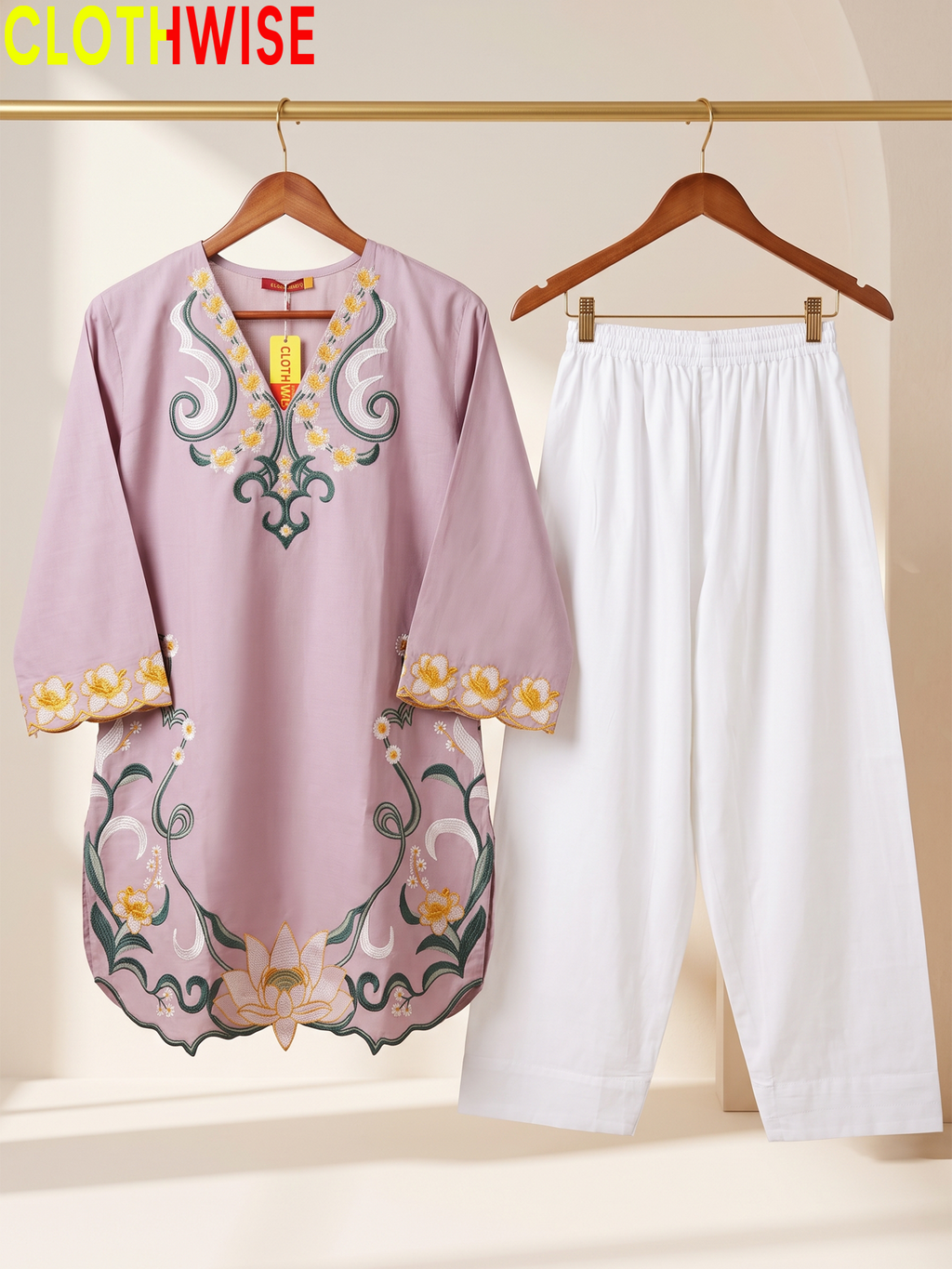 Lotus Embroidered 2 Piece Suit | Cut-Work Kurti with Shalwar for Women