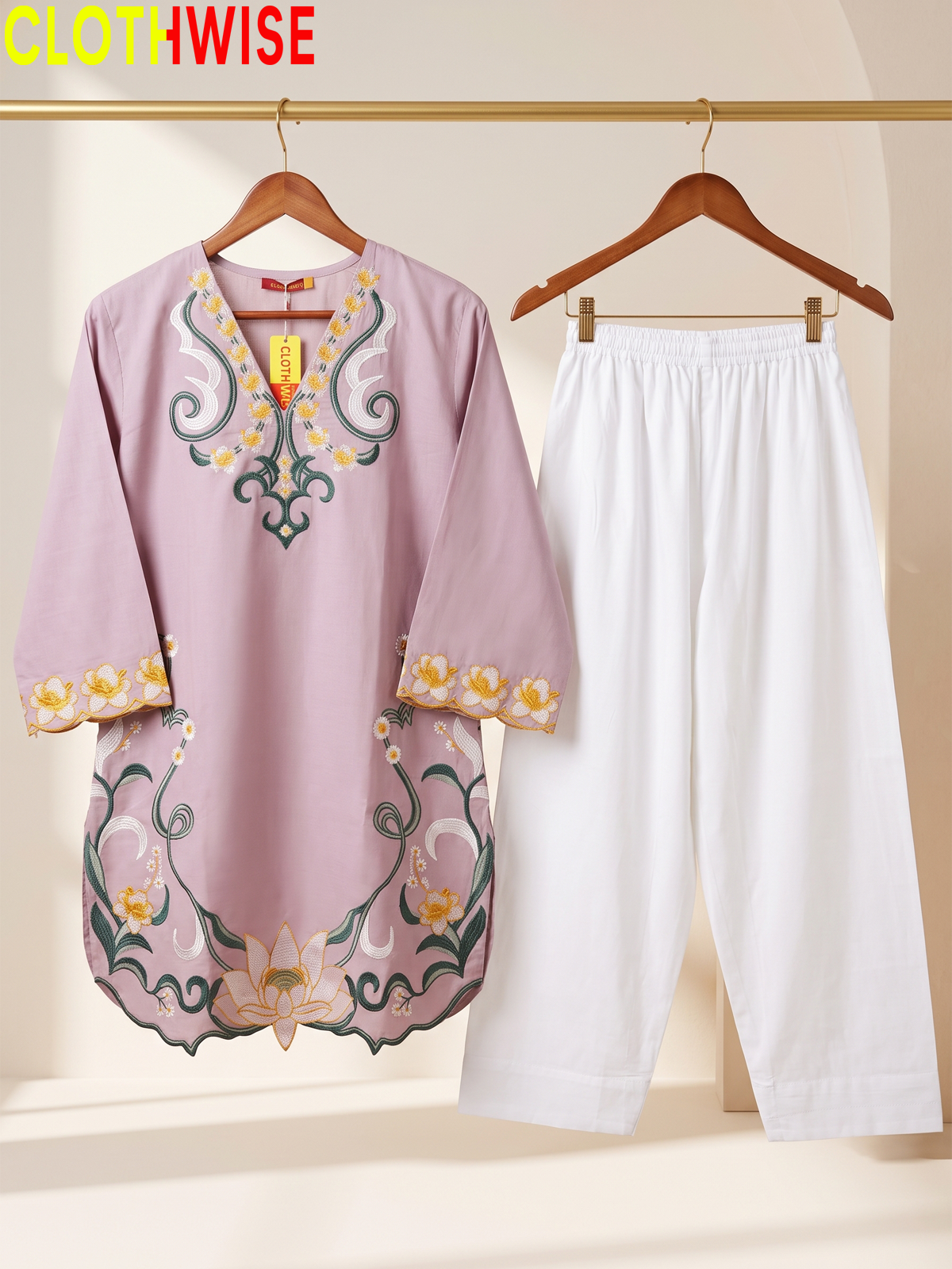 Lotus Embroidered 2 Piece Suit | Cut-Work Kurti with Shalwar for Women