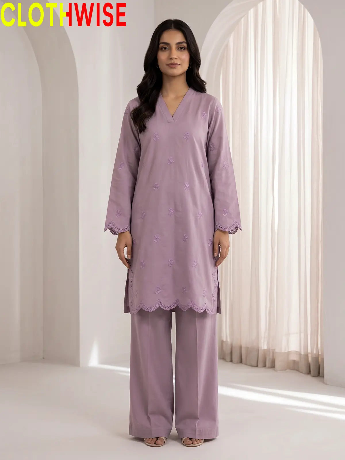 Mehr Lilac embroidered 2-piece cotton suit - standing view