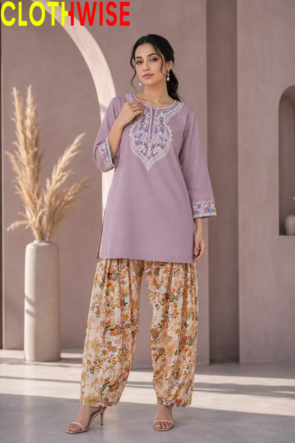 Ishq Lilac Embroidered Cotton Suit – Standing View