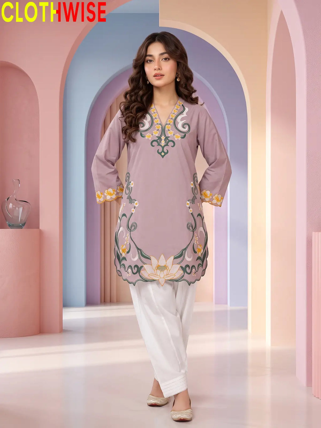 Lotus Embroidered 2 Piece Suit | Cut-Work Kurti with Shalwar for Women