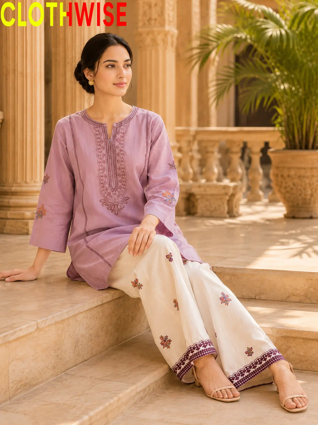 Anaya Lilac 2-piece embroidered cotton suit - sitting view