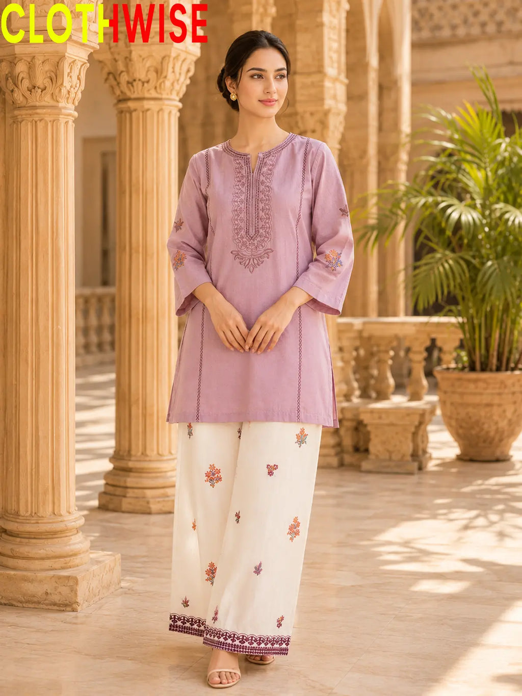 Anaya Lilac 2-piece embroidered cotton suit - standing view