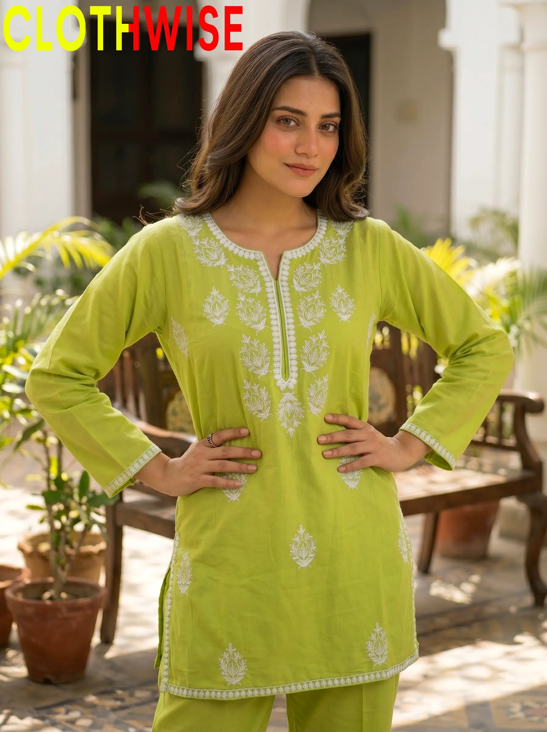 Loom Lime Green Embroidered Cotton Suit - Close-up Embroidery Detail | Clothwise