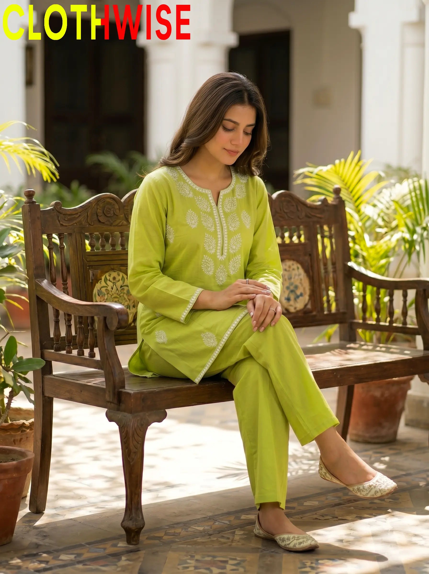 Loom Lime Green 2-Piece Embroidered Cotton Suit - Sitting View | Clothwise