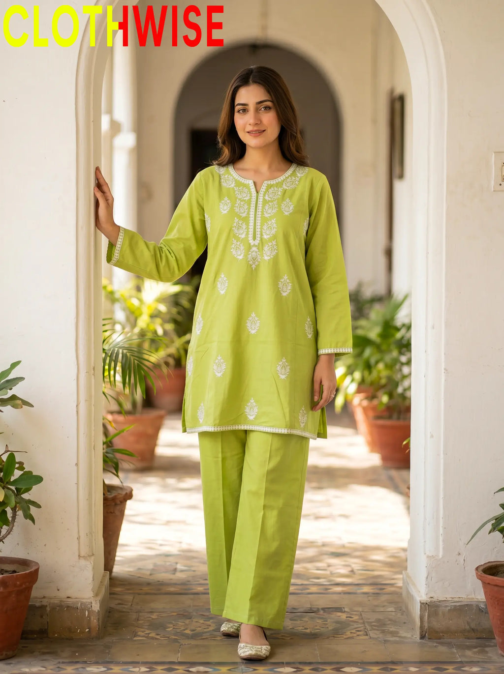 Loom Lime Green 2-Piece Embroidered Cotton Suit - Front Standing View | Clothwise