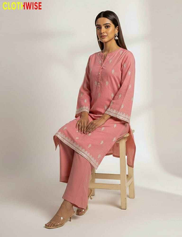 Casual and chic light pink 2-piece stitched cotton suit with premium embroidery details.