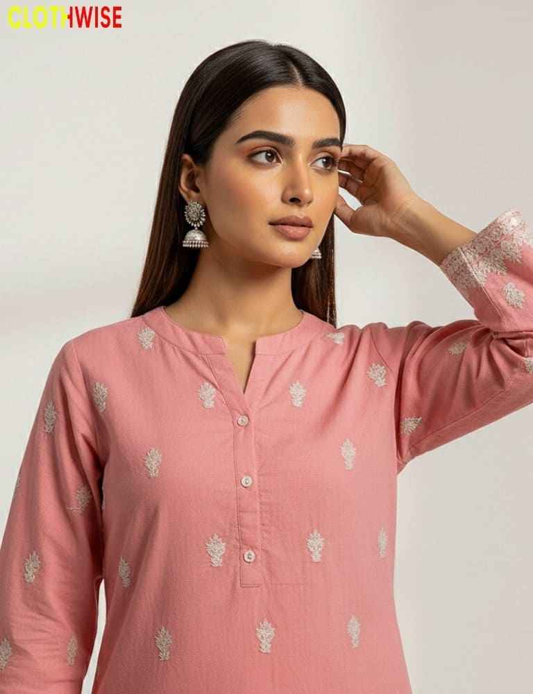 Soft pink cotton embroidered 2-piece stitched suit featuring a modern floral threadwork design.