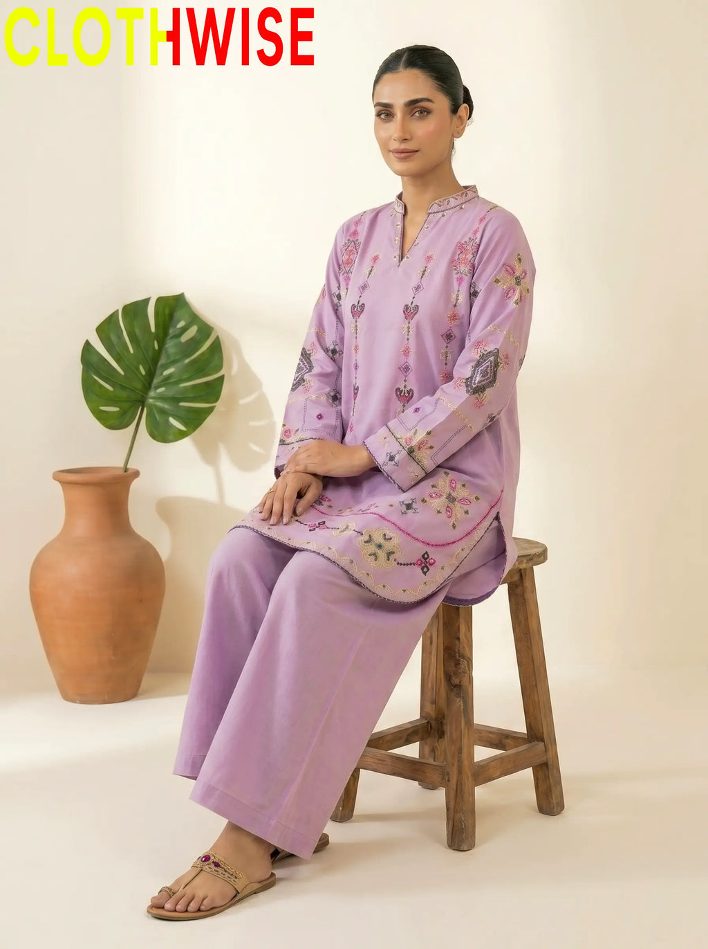 Taana Baana London Hue Embroidered Cotton Suit – Sitting View