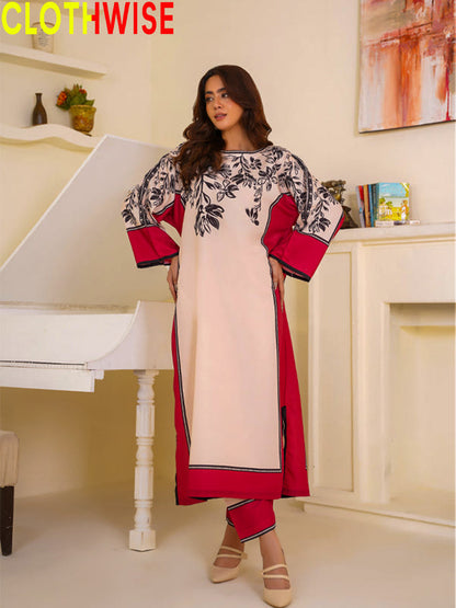 Woman wearing a red and white traditional outfit with 'CLOTHWISE' branding.