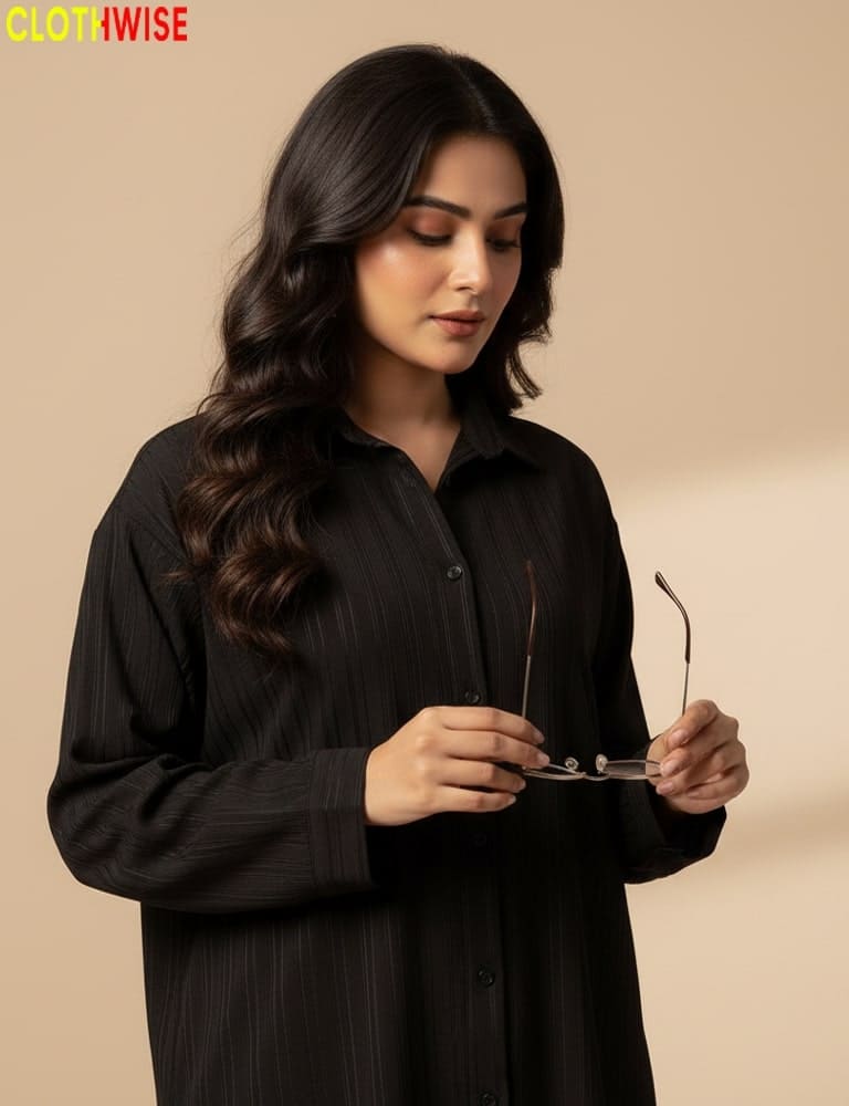 Woman holding a pair of sunglasses against a beige background with 'CLOTHWISE' branding.