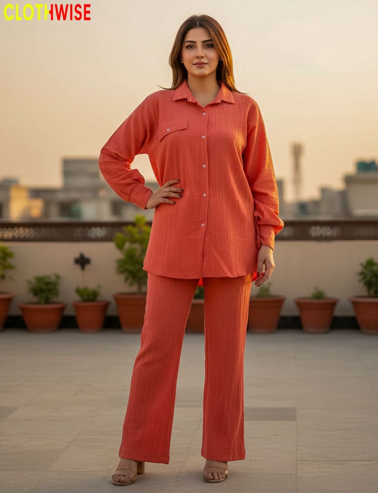 Urbanex – Western 2-Piece Lycra Coral Co-Ord Set by Clothwise - Pakistani Women Pret | CLOTHWISE